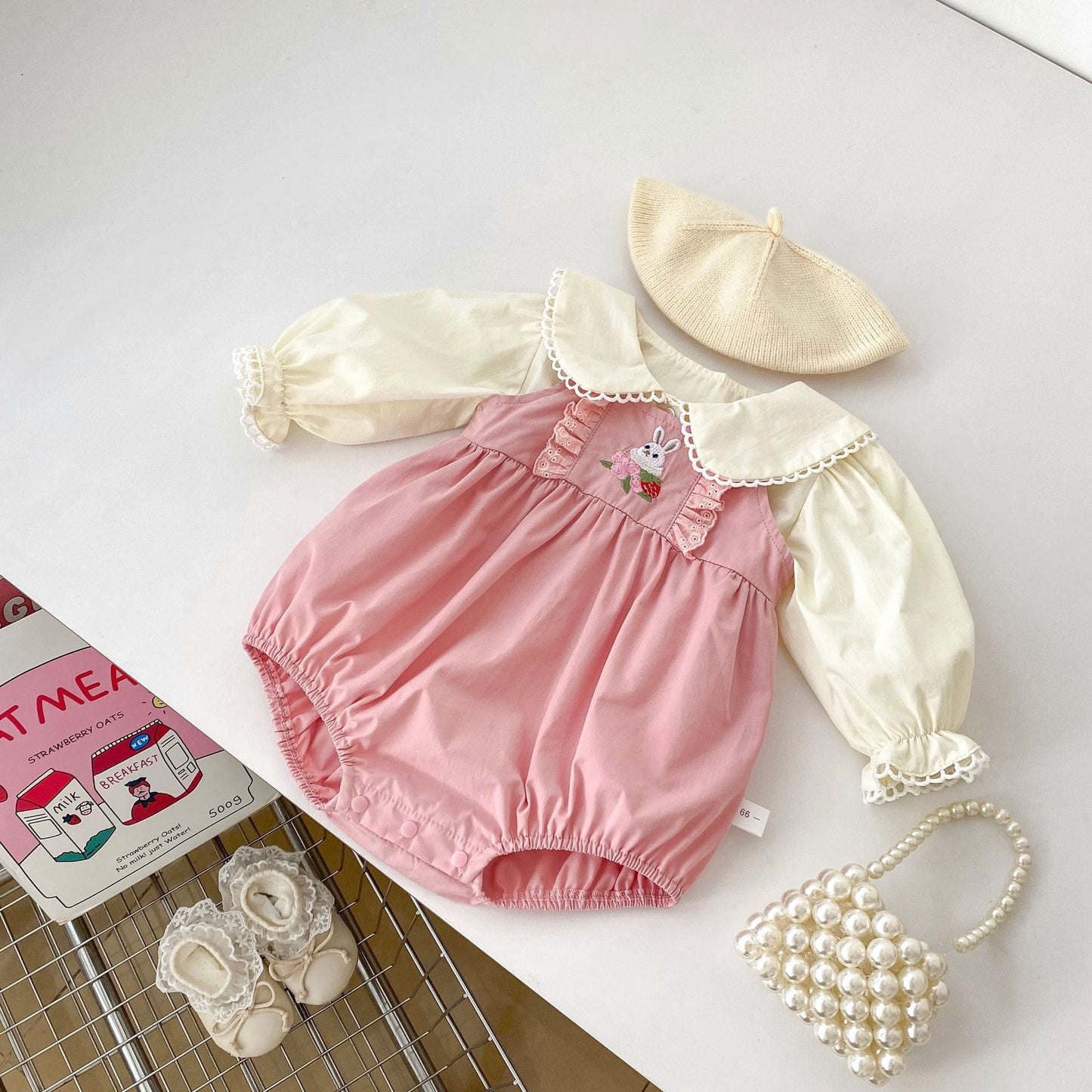 Arrival Spring Girls Long Sleeves Lace-trim Turn-down Collar Top Shirt and Sleeveless Onesies Clothing Set-0