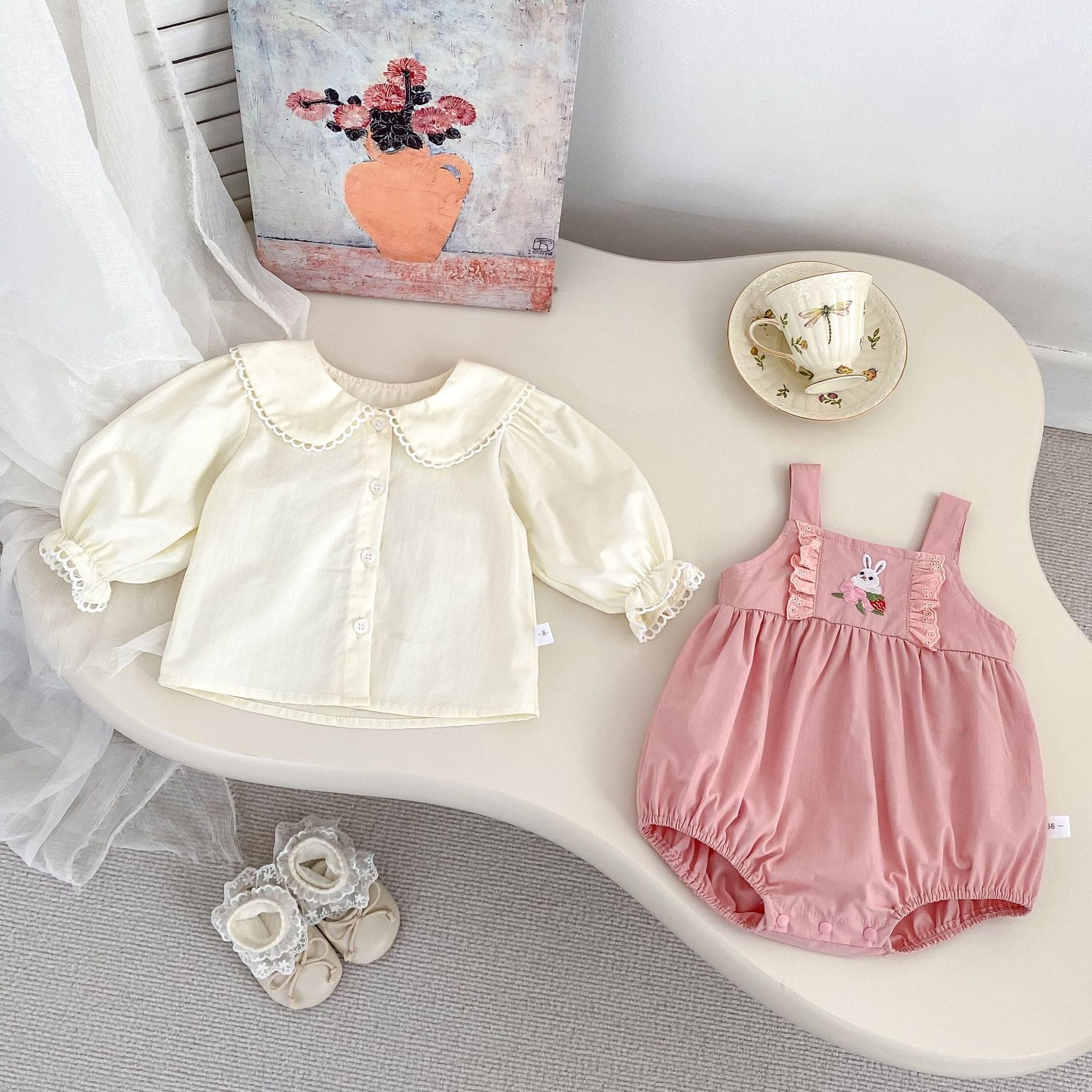 Arrival Spring Girls Long Sleeves Lace-trim Turn-down Collar Top Shirt and Sleeveless Onesies Clothing Set-4