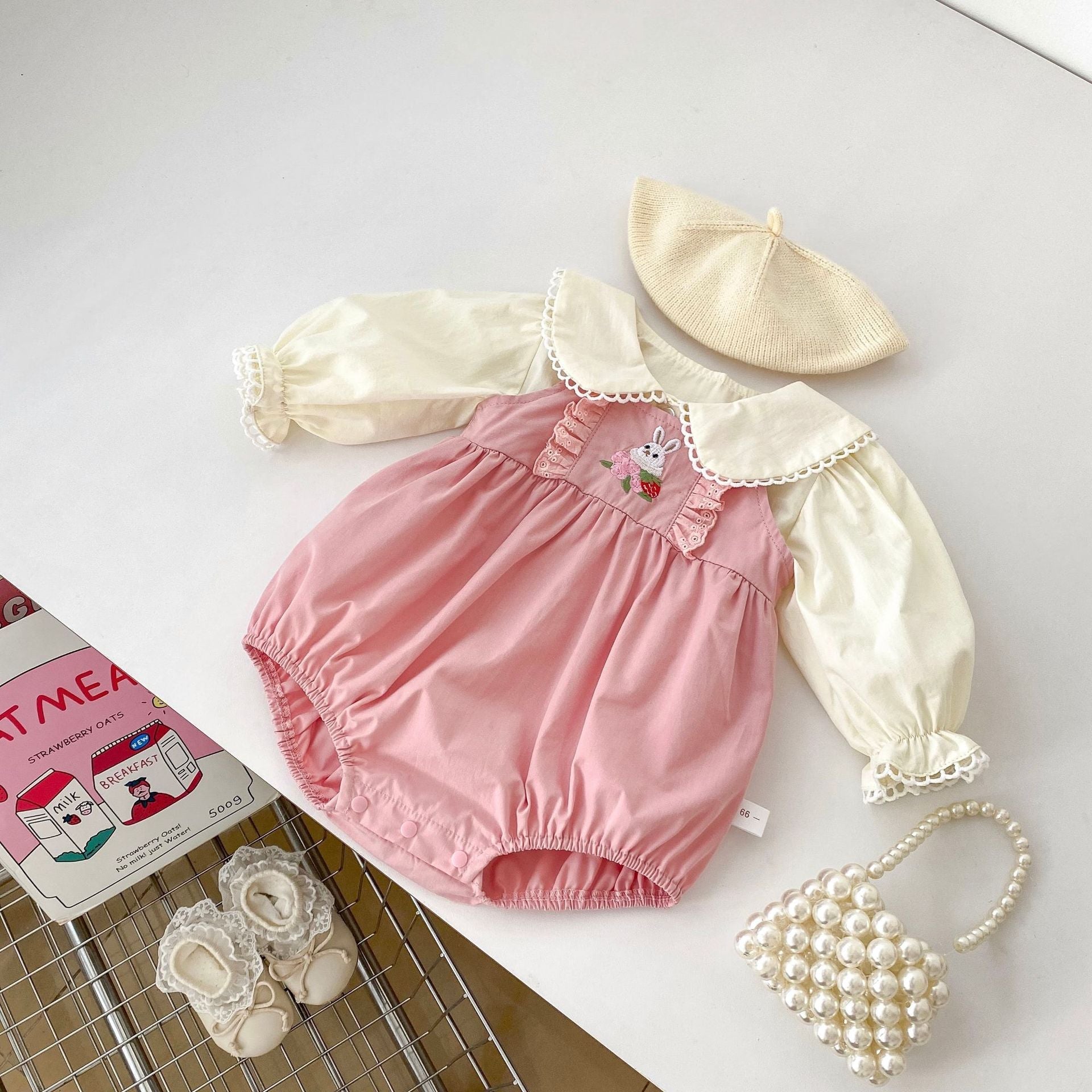 Arrival Spring Girls Long Sleeves Lace-trim Turn-down Collar Top Shirt and Sleeveless Onesies Clothing Set-0