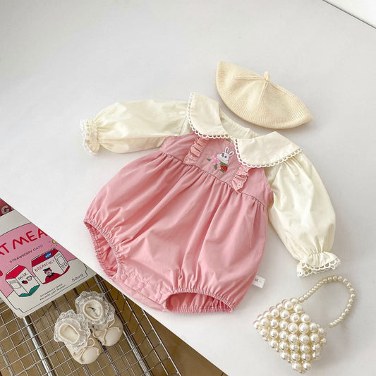 Arrival Spring Girls Long Sleeves Lace-trim Turn-down Collar Top Shirt and Sleeveless Onesies Clothing Set-0